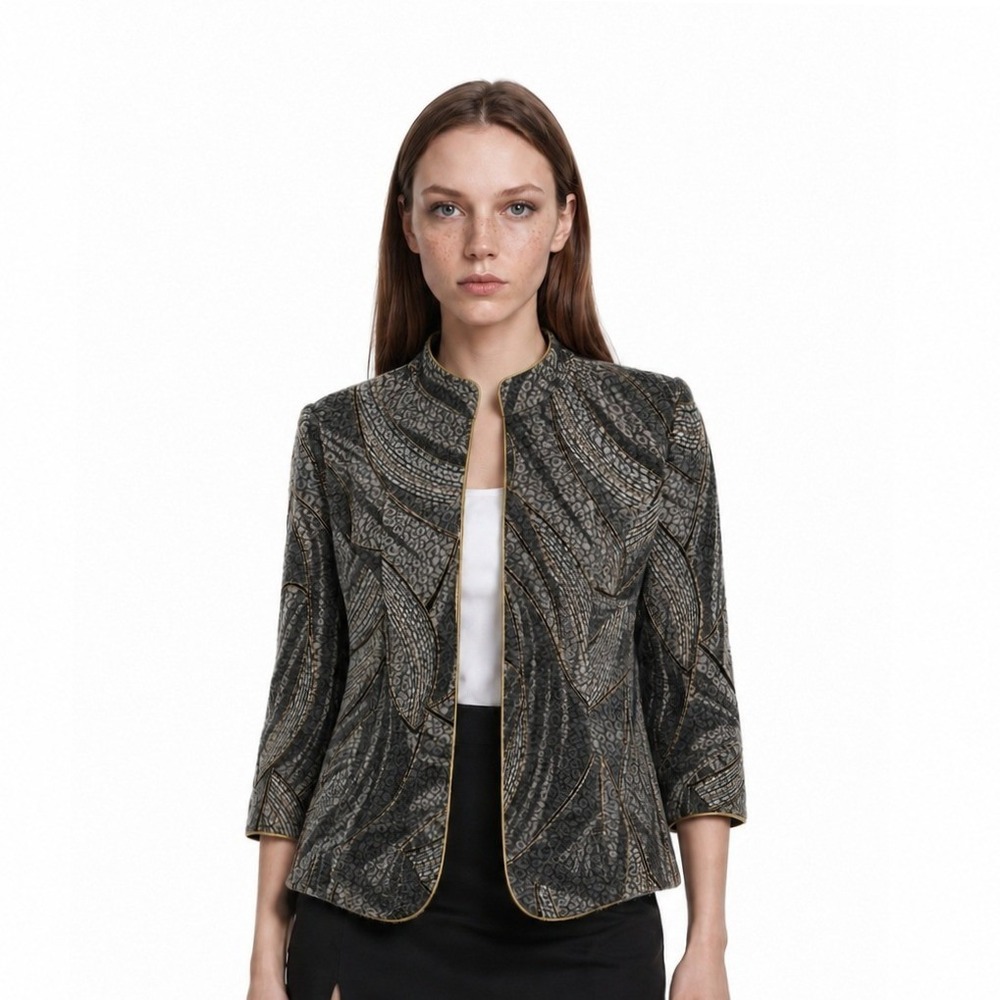 Alex Evenings Knit Jacket Top Women's Size 1X Black Silver‎ Gold Metallic Trim